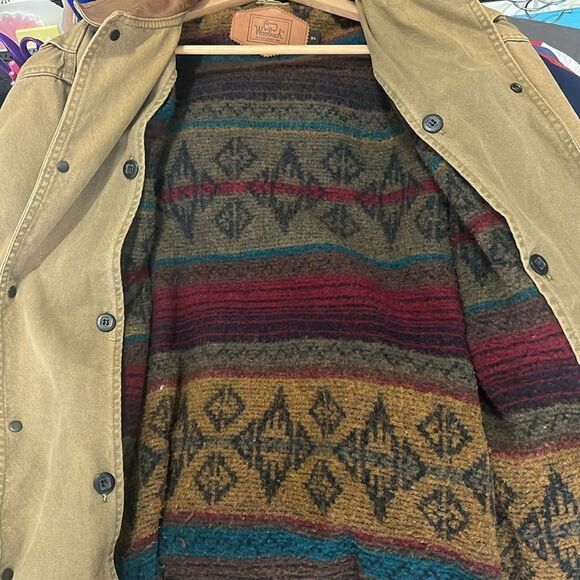 š„Vintage WOOLRICH Denim Wool Blanket Lined CanvasāBarn Aztec Jacket -Sz XL -EUC - Picture 10 of 11